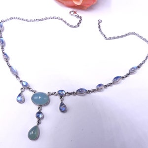 Vintage signed NB Nicky Butler sterling silver & moonstone light green stone cabochon necklace
