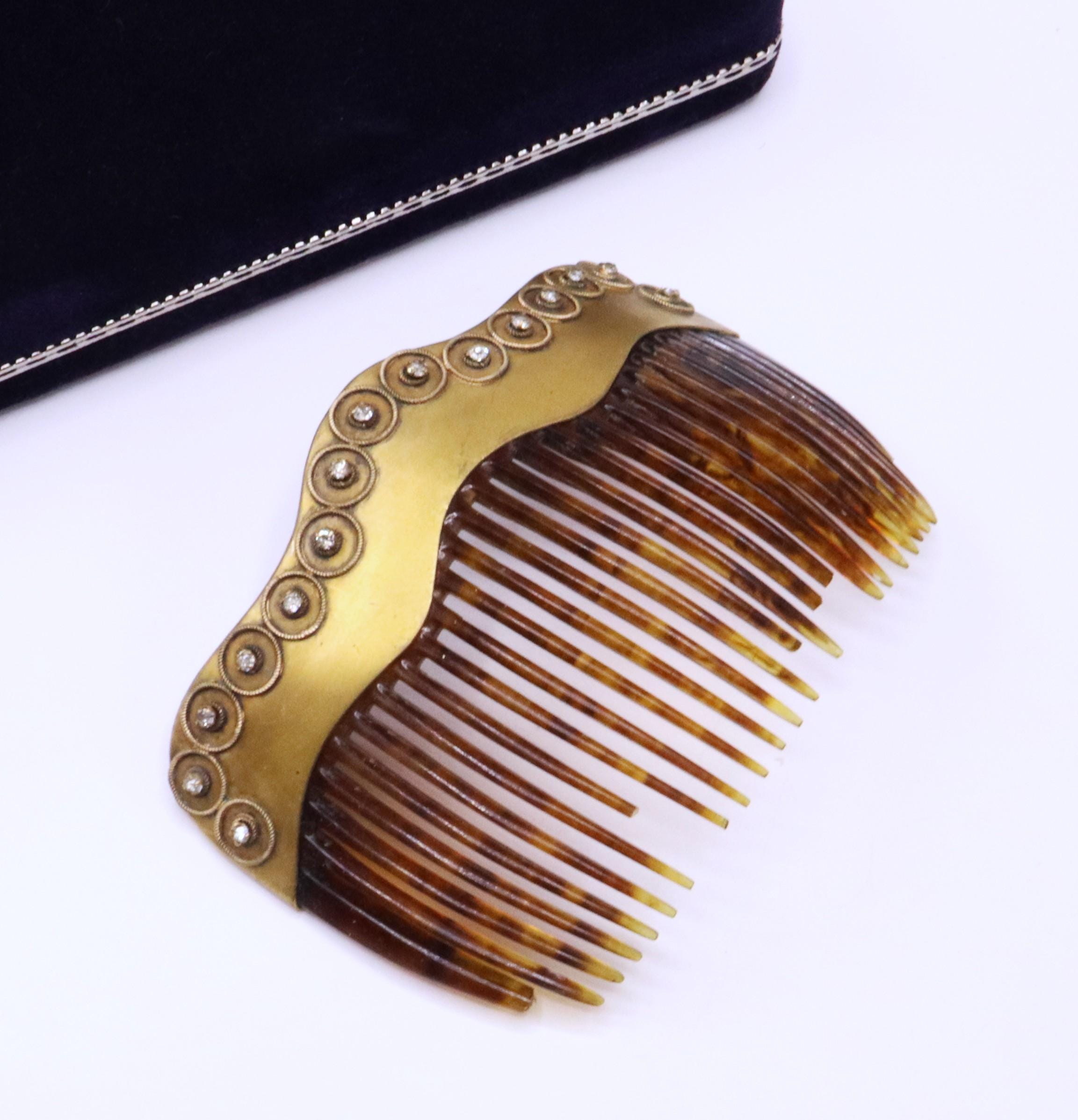Vintage 1970\'s Handmade Hair Comb Faux Tortise Shell Gold Flower Silver Leaves Brown Tortoise Floral Decal Hair Comb Set – 1928 Jewelry main image 3