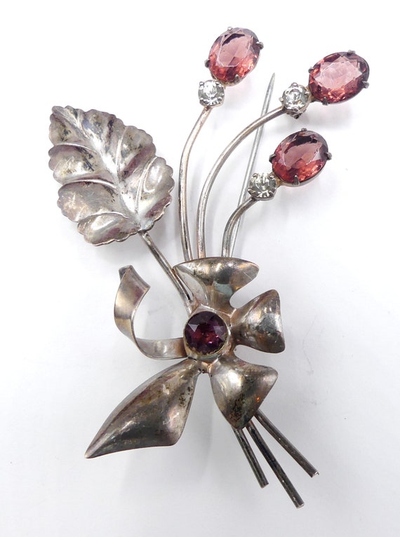 Vintage marked sterling silver & rhinestone flora… - image 2