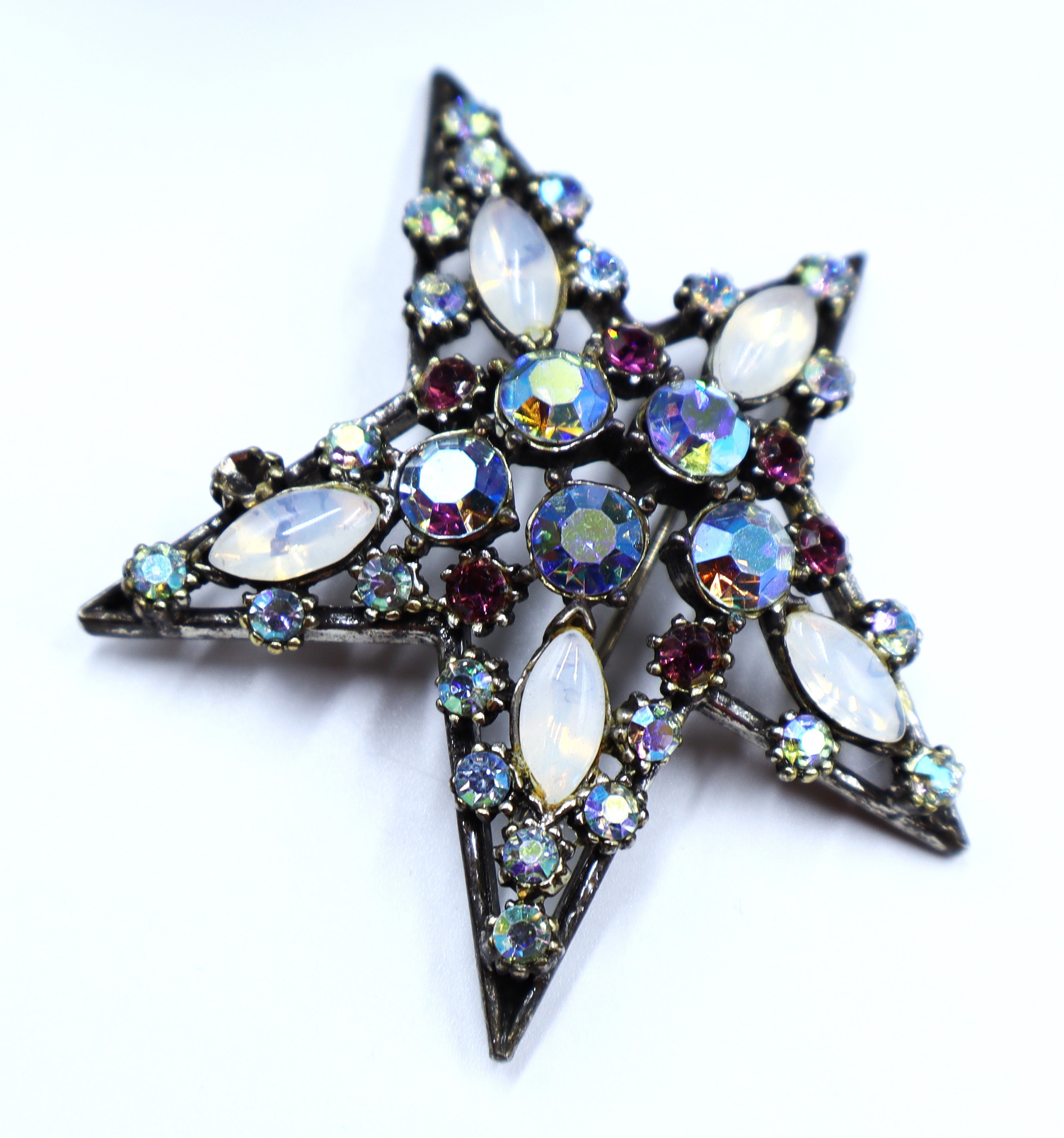 Ancienne Broche étoile Avec Cabochon En Verre Opalescent Bleu - Bijou Vintage