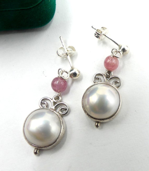 Vintage sterling silver & mabe pearl tourmaline d… - image 1
