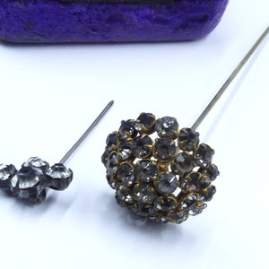 Antique two silver brass tone & rhinestone hat pins