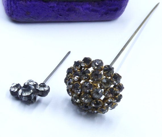 Antique two silver brass tone & rhinestone hat pins