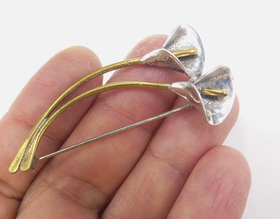 Vintage marked sterling & brass lily pin brooch - image 3