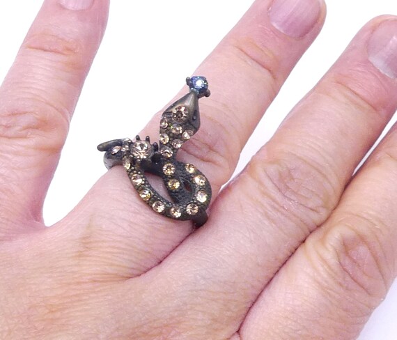 Vintage brass & rhinestone snake ring size 8.5 - image 1