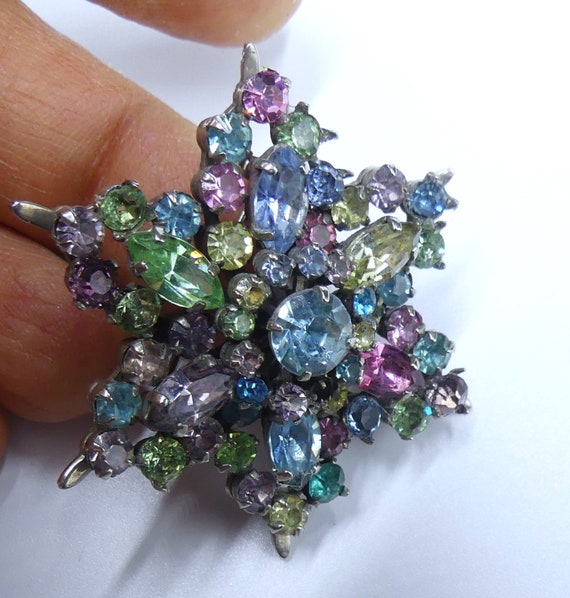 Vintage 50's silver tone & multi color rhinestone… - image 1