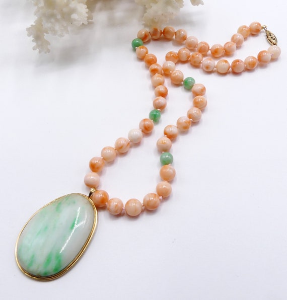 Vintage 14k Gold Natural Angel Skin Coral Jade Beads W Large 14k