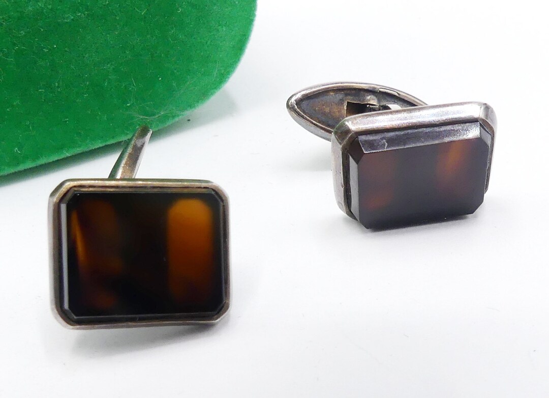 Boutons De Manchette Vintage Russe - Argent Sterling 875 Et Agate Verte Marbrée