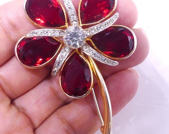 Vintage signed Kramer gold tone & clear red rhinestone flower pin brooch