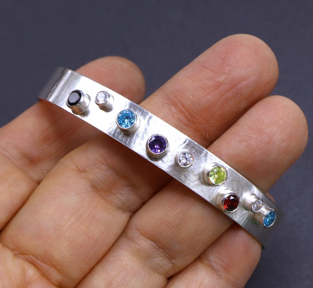 Bracelet Manchette Argent 925 Fait Main Avec Améthyste Violette - Réglable