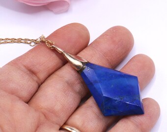 Vintage gold filled chain w large natural faceted lapis pendant necklace
