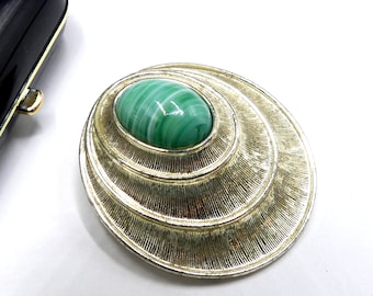 Vintage signed Sarah Cov mix metal & green art glass cabochon pin/brooch pendant