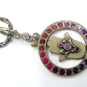 Vintage signed Michal Negrin brass & rhinestone circle hoop Hamsa pendant necklace