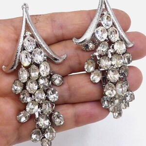 Vintage silver tone & rhinestone clip on drop earrings image 3