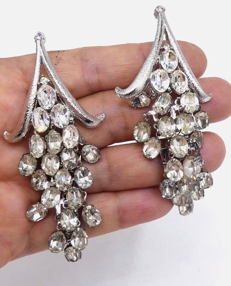 Vintage silver tone & rhinestone clip on drop earrings image 3