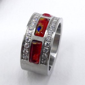 Vintage silver tone and red Lucite rhinestone ring size 7.5