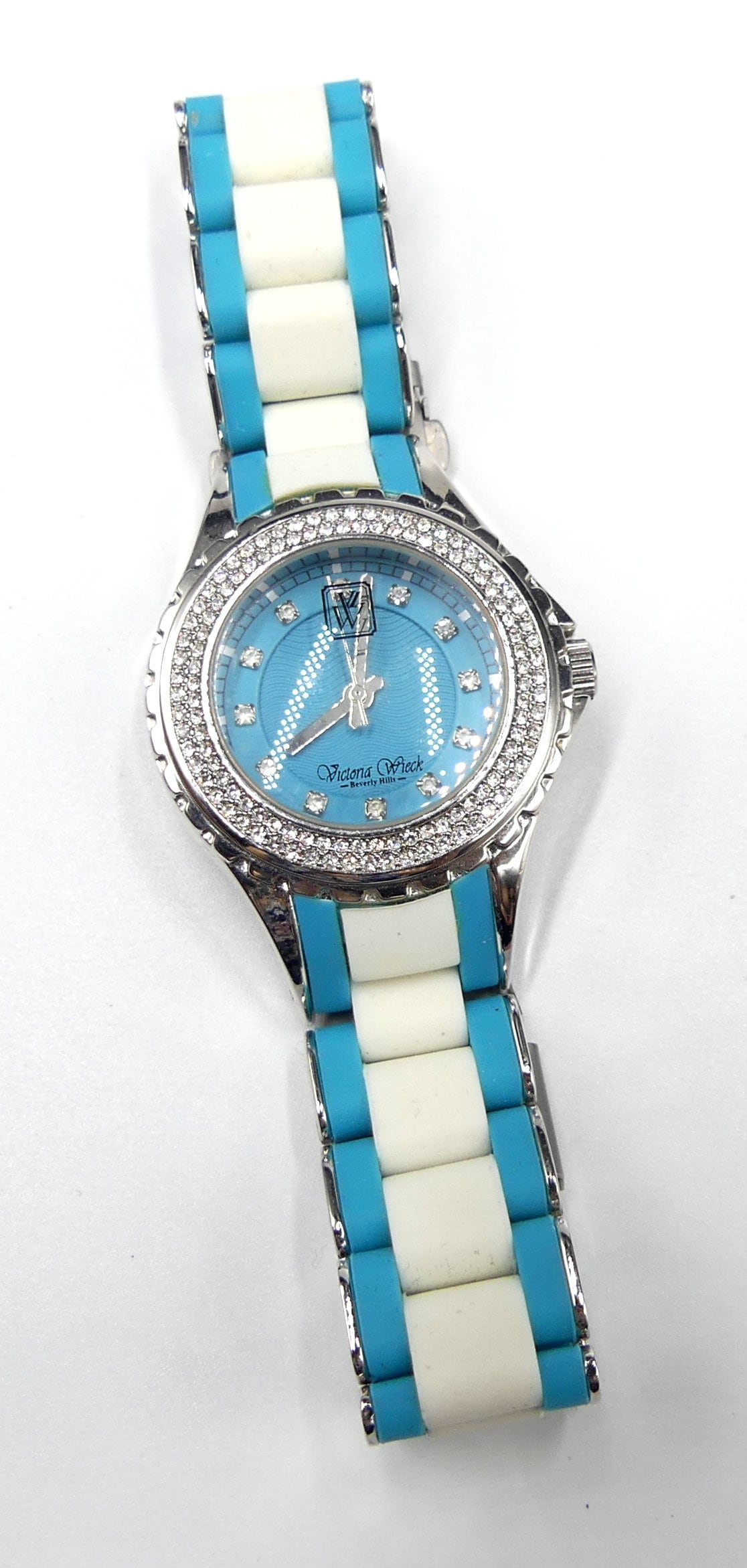 Victoria Wieck Green/White Rubber Link and Crystal Bezel Watch. Vintage Victoria Wieck B9968 Rubber Link & Crystal Bezel  main image 3