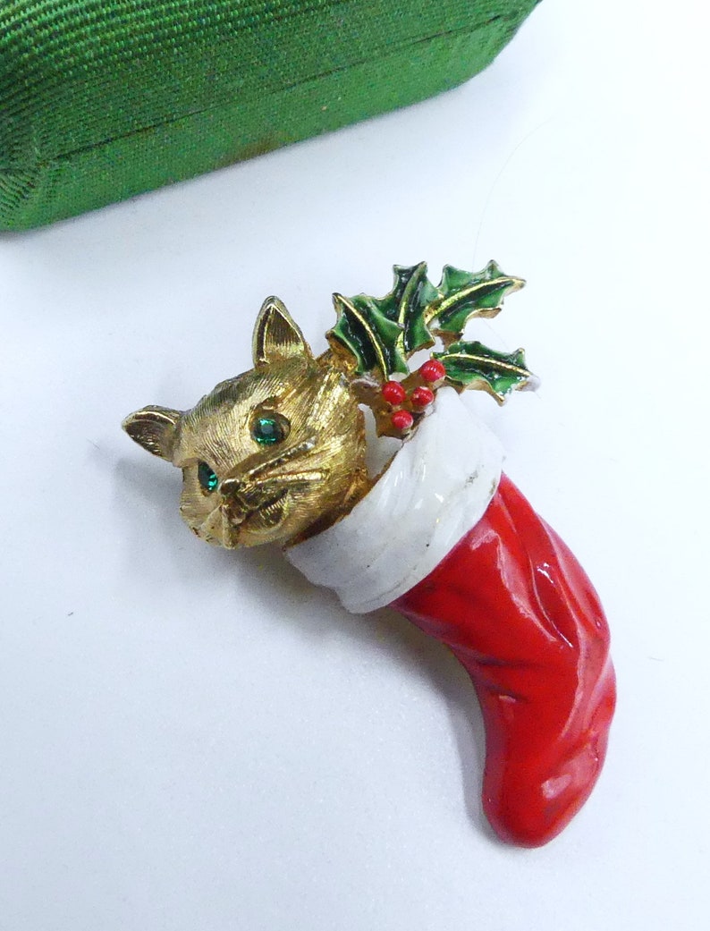 Kitty cat en émail doré vintage avec strass et broche pour chaussettes de Noël image 2