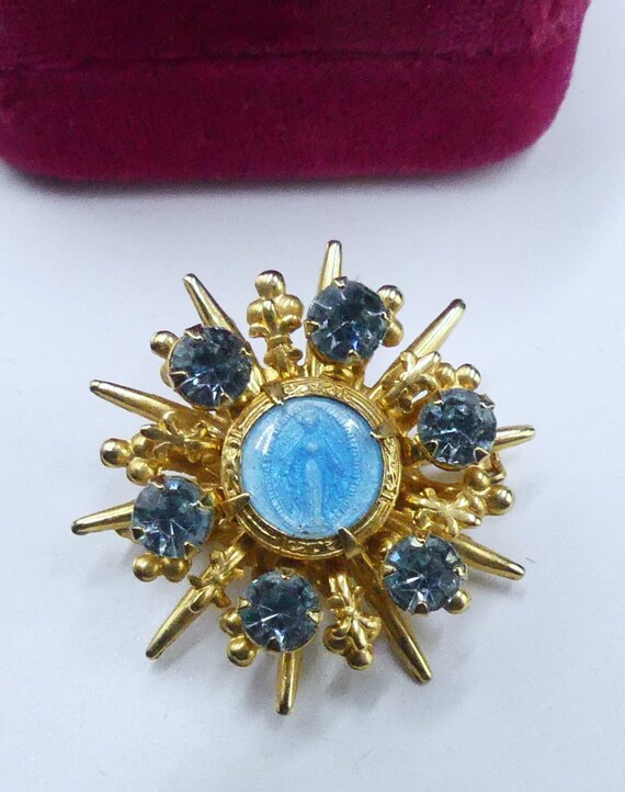 Vintage gold tone blue rhinestone enamel mother M… - image 1