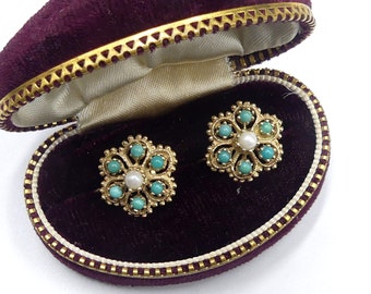 Vintage marked 14k yellow gold & turquoise pearl cabochon screw back earrings
