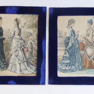 Vintage pair prints La Mode Illustree 19th C ladies with velvet frame