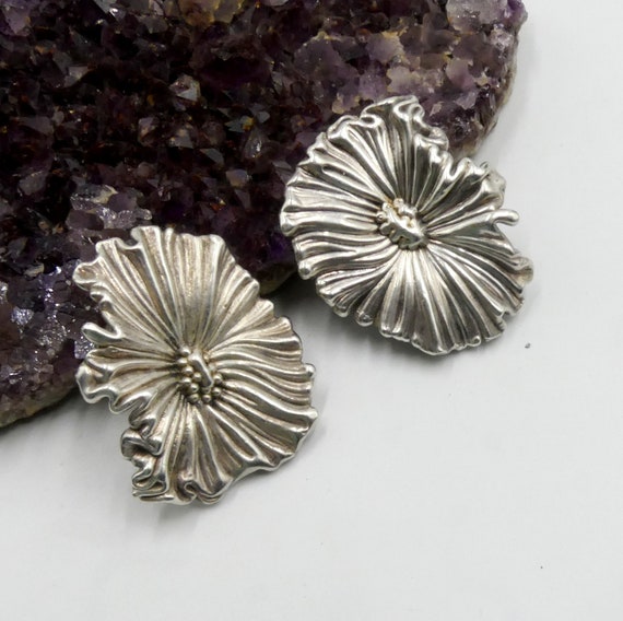 Vintage large sterling silver pansy clip on earri… - image 3