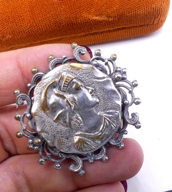 Antique European silver tone men head pin brooch