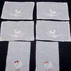 Vintage 6 cotton embroidery rooster doily mats