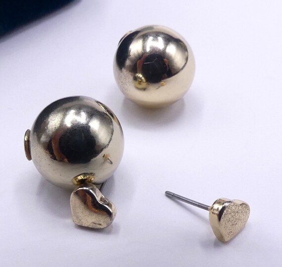 Vintage double sided gold tone ball heart shape s… - image 8