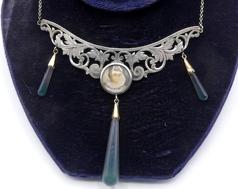 Antique vintage sterling silver 14k gold very large Edwardian & hand painted lady portrait pendant necklace