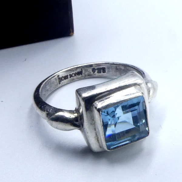 Vintage signiert Lori Bonn 925 Sterling Silber rechteckig Blautopas Kabel Ring Größe 8