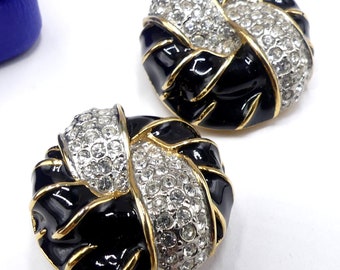 Vintage gold tone black enamel rhinestone clip on round earrings