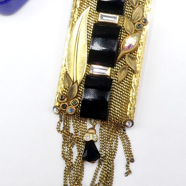 Vintage signed Marena hand made in Germany gold tone & black glass cabochon pendant brooch