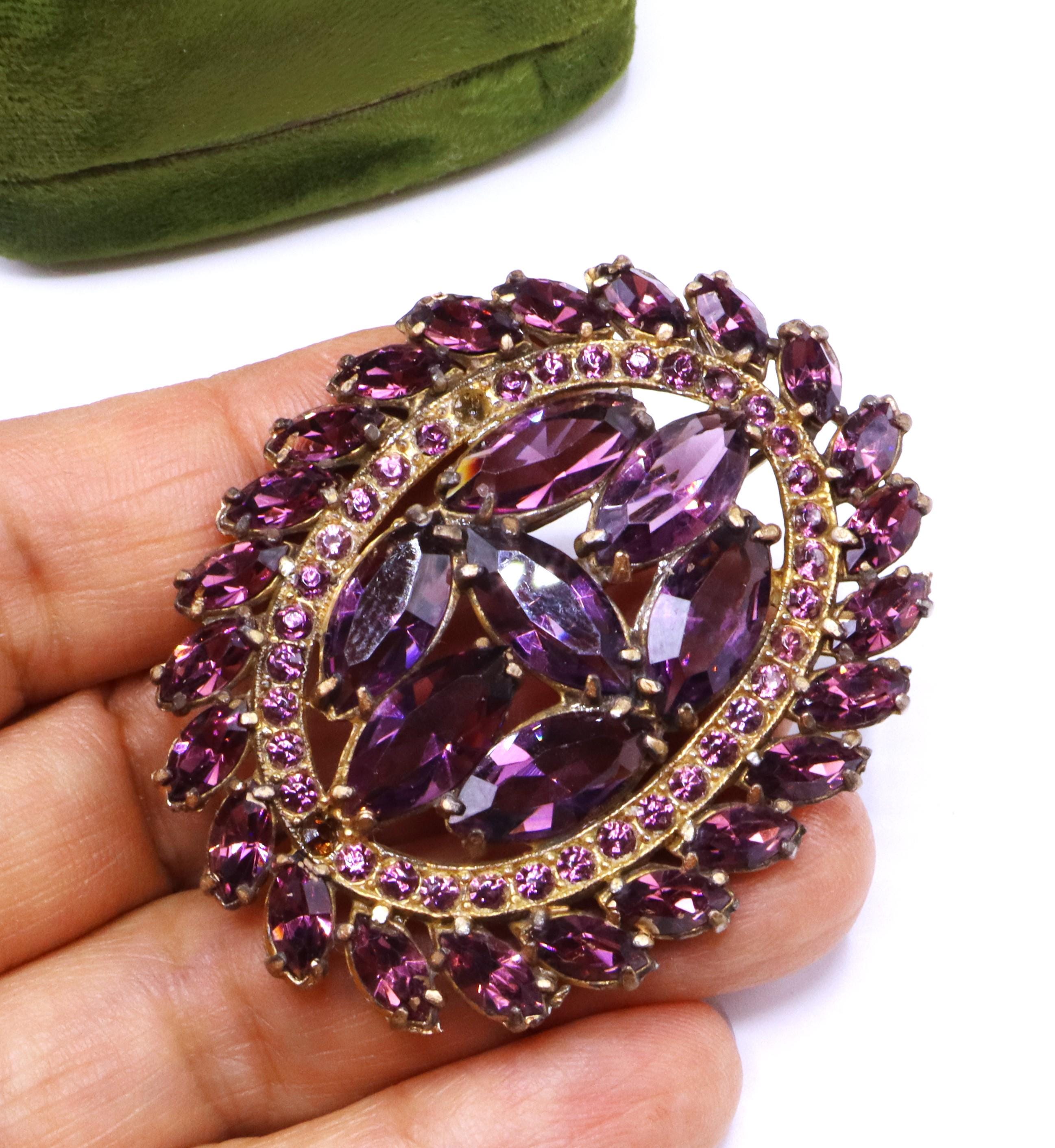 Broche Vintage Strass Imitation Améthyste Rose - Fantaisie - Longueur 42 Mm