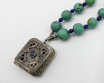 Vintage sterling silver & turquoise lapis beads silver box pendant necklace