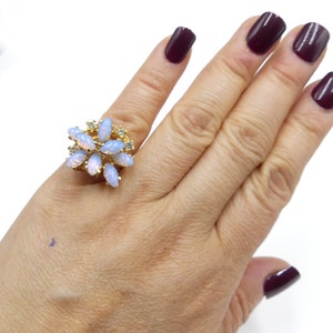 Vintage marked 18k HGE ESPO & rhinestone  faux opal ring size 6