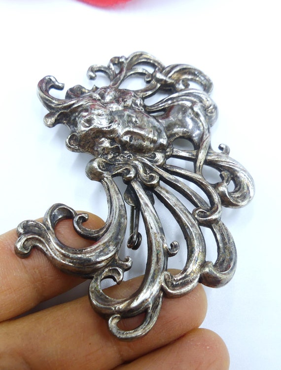 Vintage large silver tone metal Art Nouveau Nymph… - image 7