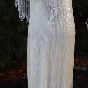 Vintage Diva Inc Art Deco style women silk w hand made sequins glass silver beaded sleeveless long dress