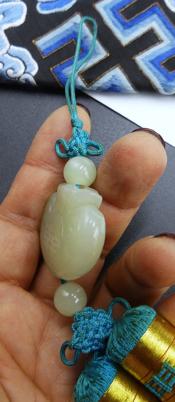 Vintage Chinese hand carved light green jade sach… - image 10