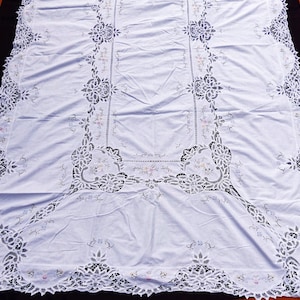 Vintage large cotton handmade multi color embroidery Battenburg lace tablecloth color white