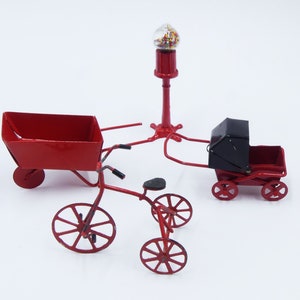Vintage 4 pieces red metal wheelbarrow miniature handles one wheel/ bicycle/baby buggy/ street light doll house