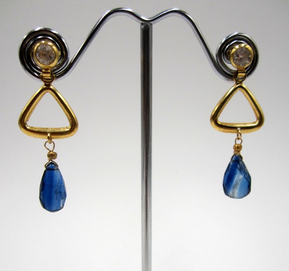 Vintage Italy 18k gold & cz/Iolite drop earrings - image 3