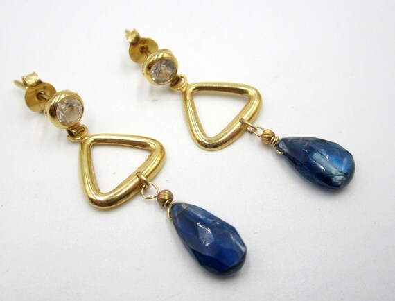 Vintage Italy 18k gold & cz/Iolite drop earrings - image 1