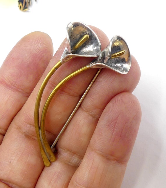 Vintage marked sterling & brass lily pin brooch - image 4