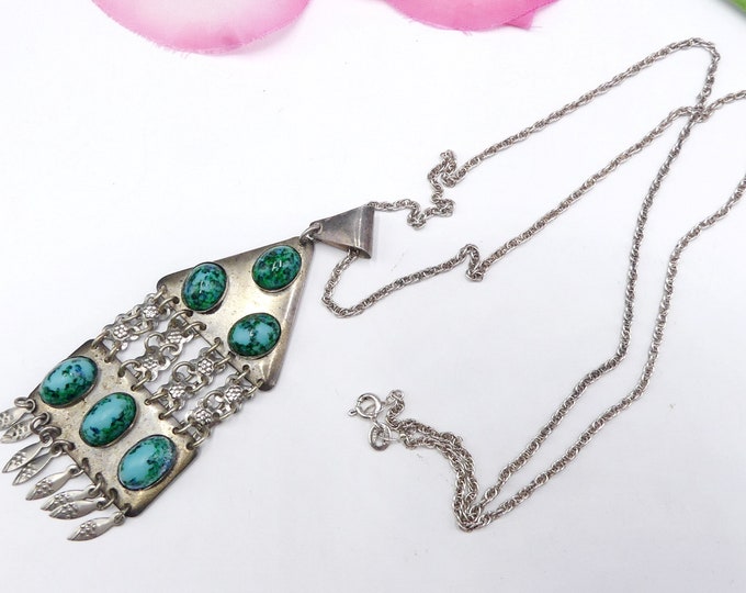 Broche Pendentif Vintage Israël - Argent 935 Et Malachite Verte - Bon état D'usage