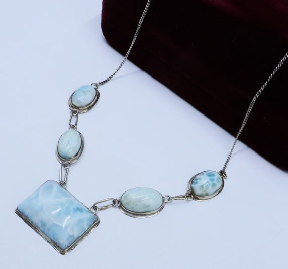 Vintage marked sterling silver & larimar cabochon pendant necklace