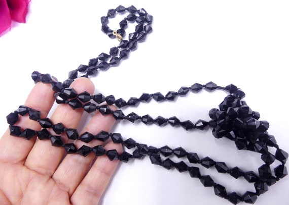 Vintage 30's long faceted black glass beads neckl… - image 2