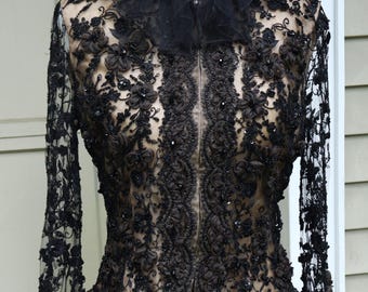 Vintage 80's Oscar De La Renta embellished beaded top jacket w liner color black/beige size 6