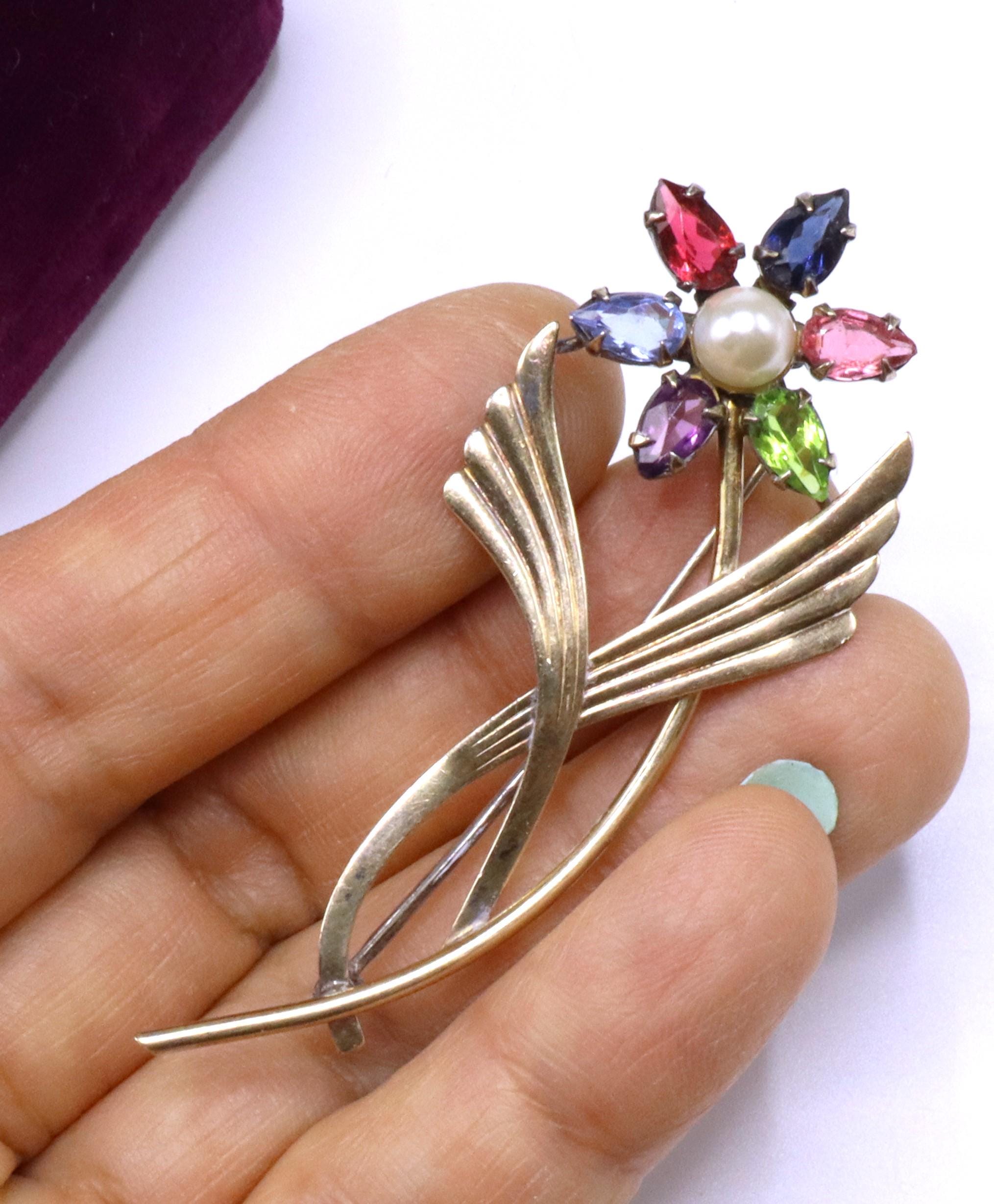 Vintage Marked Symmetalic Sterling 14K Rhinestone & Faux