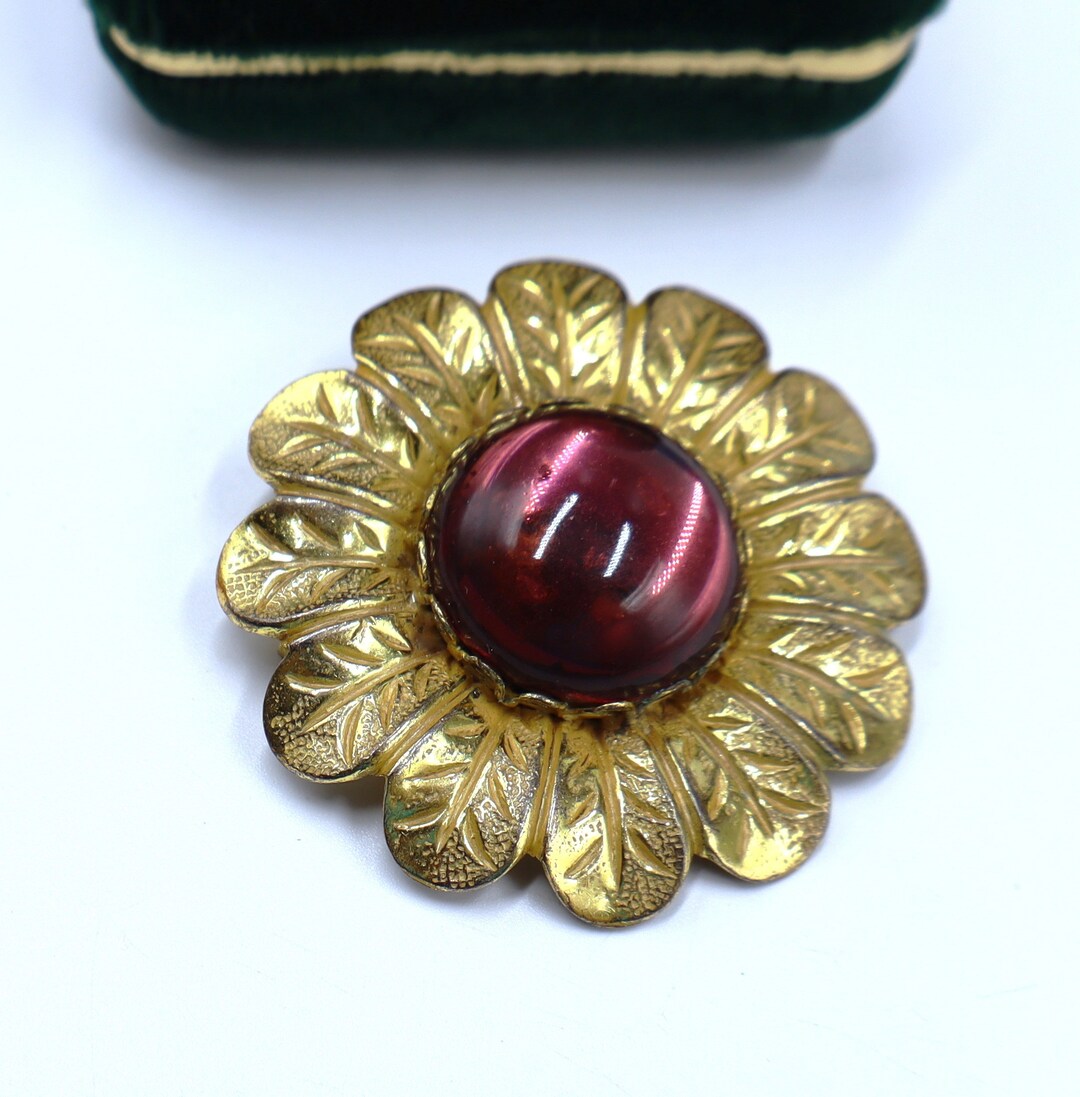 Broche Ancienne En Verre Violet Cabochon Doré – Occasion, Bel état, Bijou Vintage